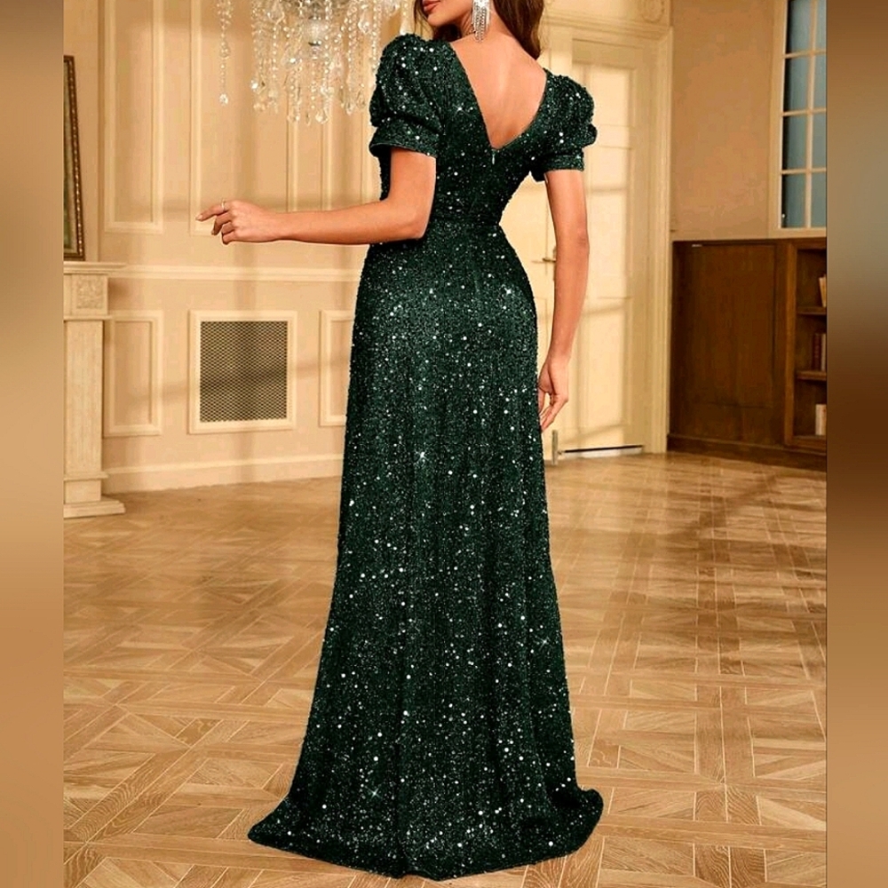 NEW Glam Sequin Ruched Top Puffed Short Sleeve Maxi Gown Dress Dark Green - Picture 5 of 9